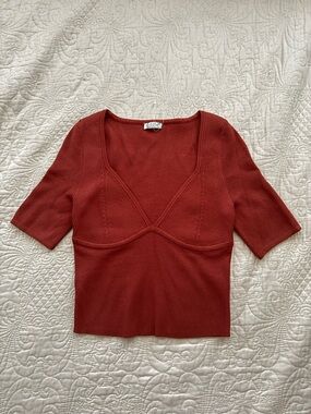 Free People Rust-Toned V-Neck Short Sleeve Knit Top